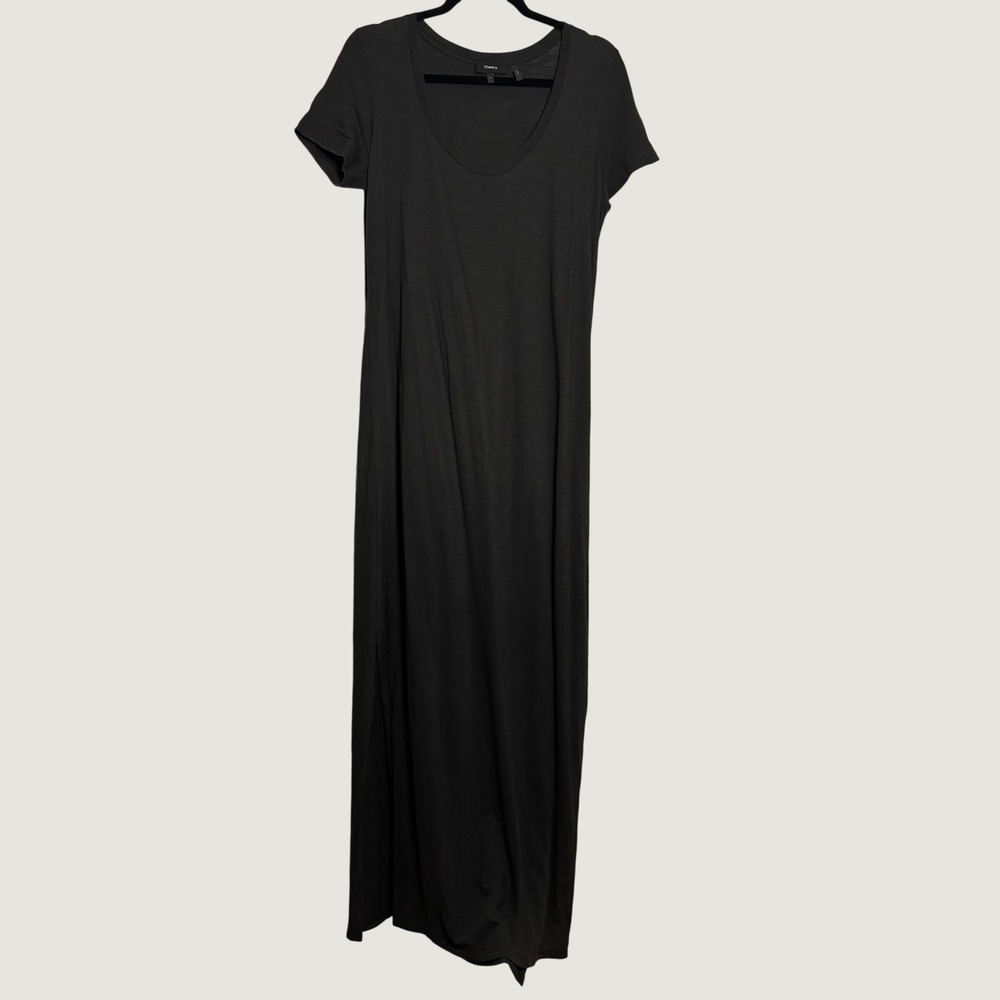 Theory Cherryal Sea Slub Black Cotton Maxi Dress Slit Scoop Neck Large Casual